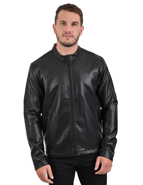 Chamarra LEE para Hombre en Cuero Sintético Negro con Detalles Amarillos.